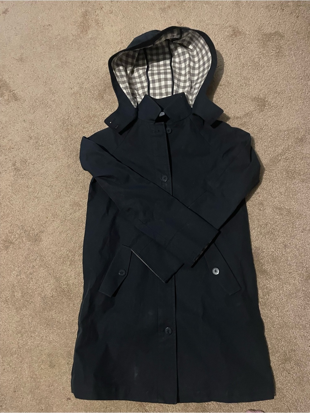 Brooks Brothers Navy Hooded Trench Coat with Checked Lining